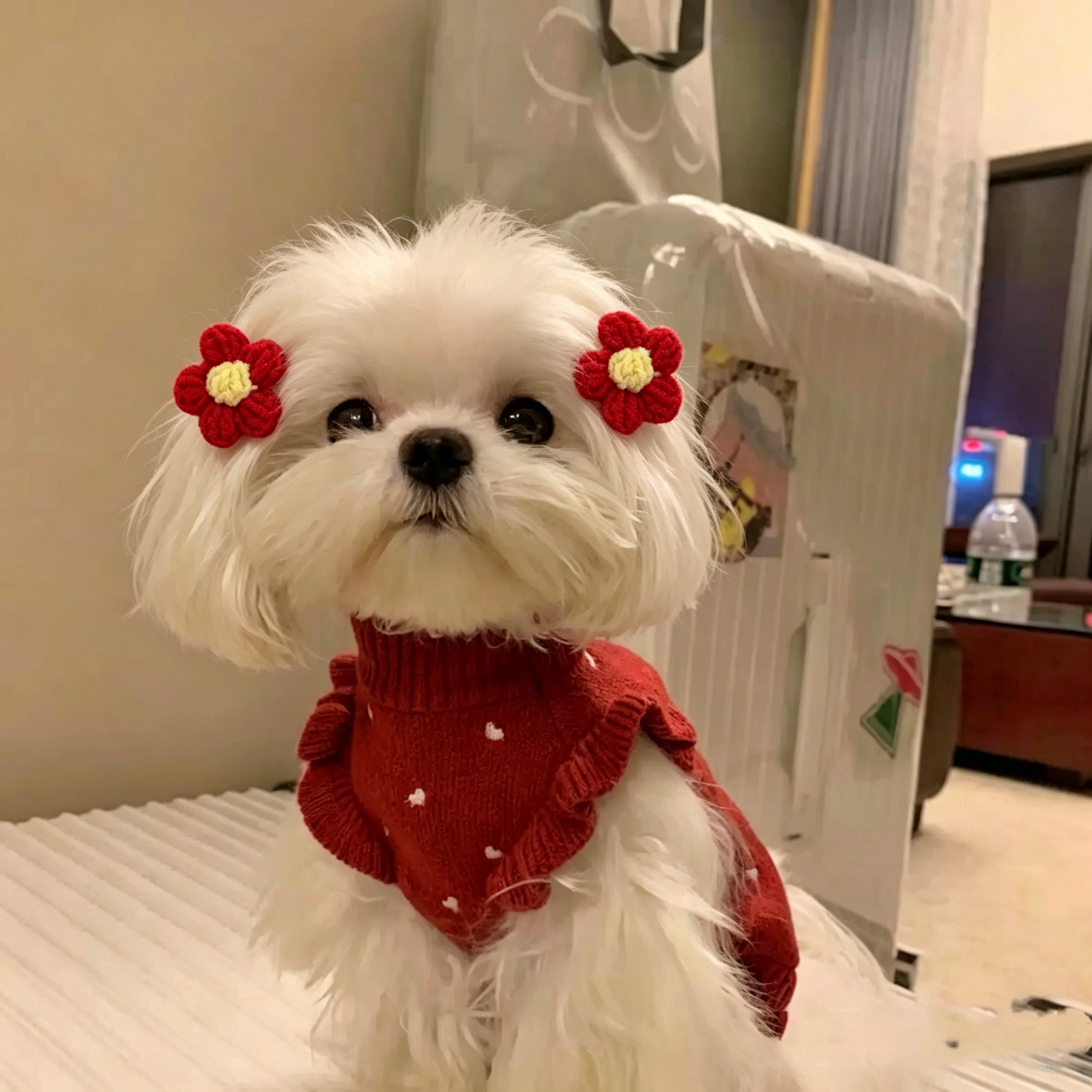 Red Flower Hand Crochet Flower Yarn Mini Pet Hair Bands
