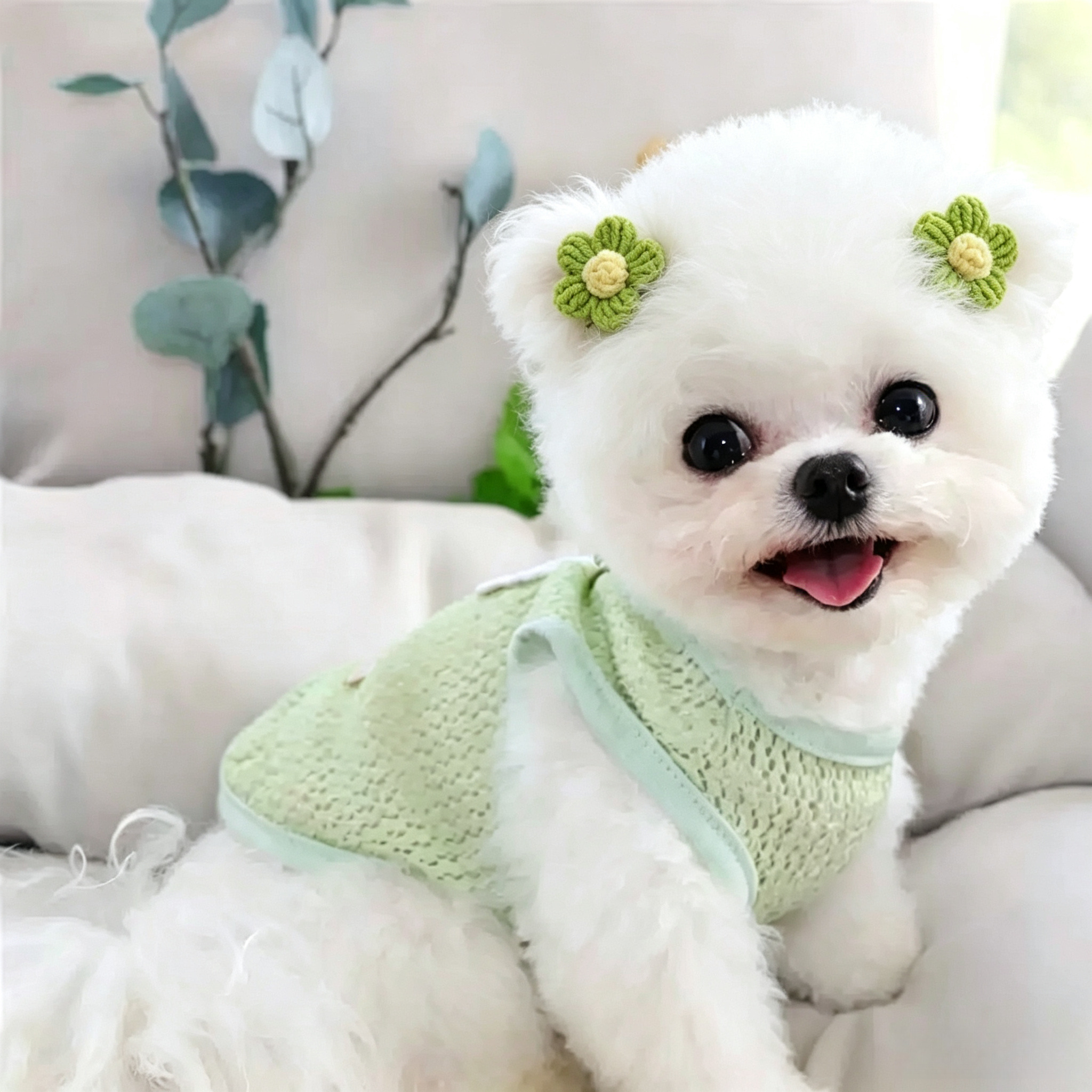 2pcs Green Flower Hand Crochet Flower Yarn Mini Pet Hair Clips