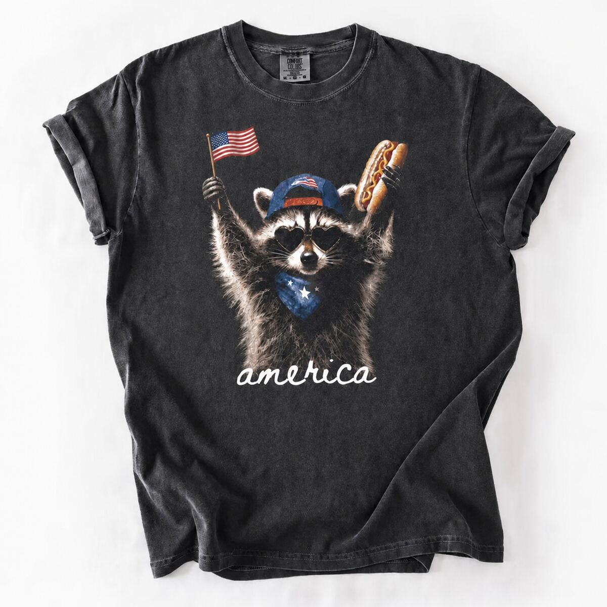 Patriotic Raccoon Graphic Tee - America Flag & Hot Dog Design
