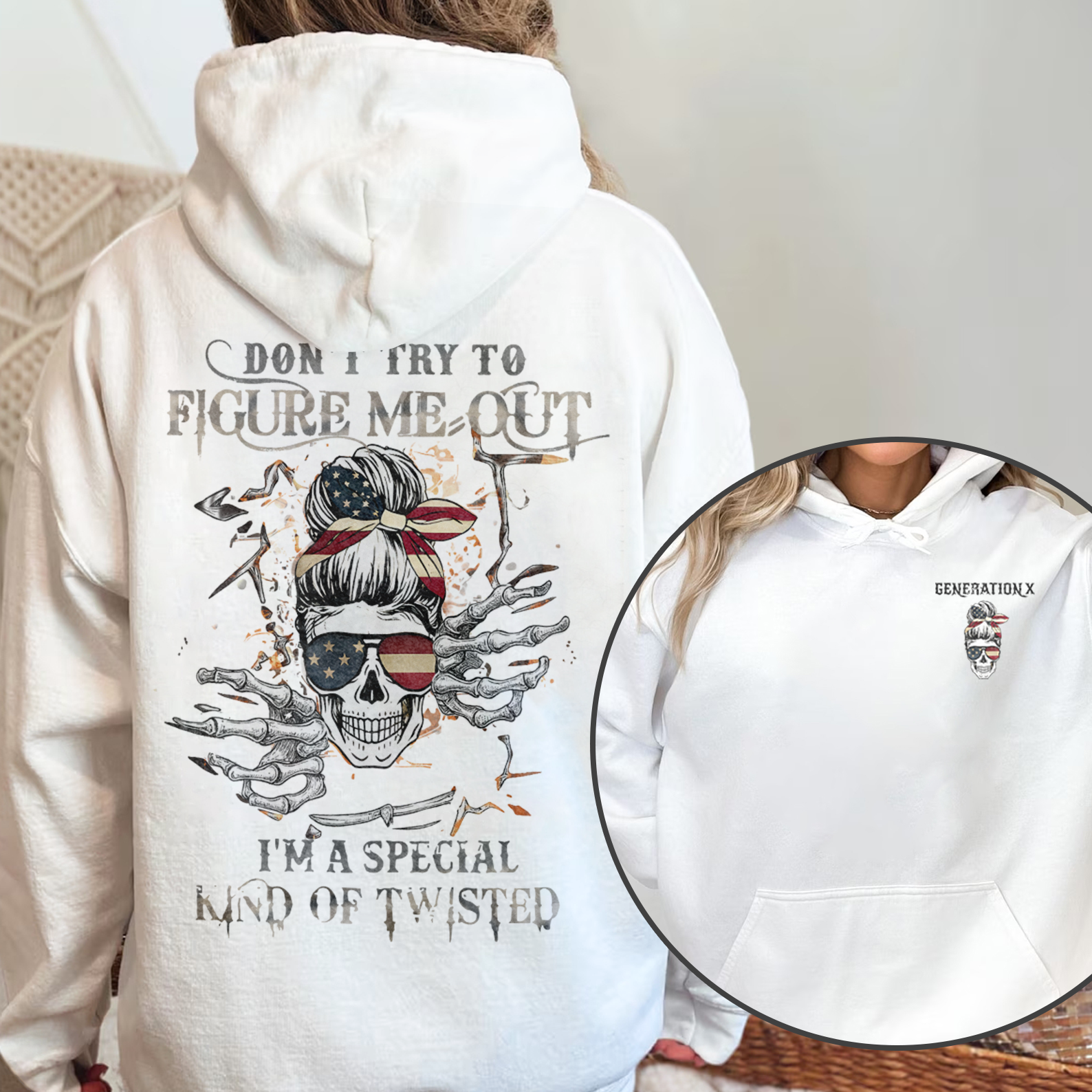 Generational Identity Hoodie - Baby Boomer/X Gen/Millennials Black Skull & Quote Graphic Sweatshirt
