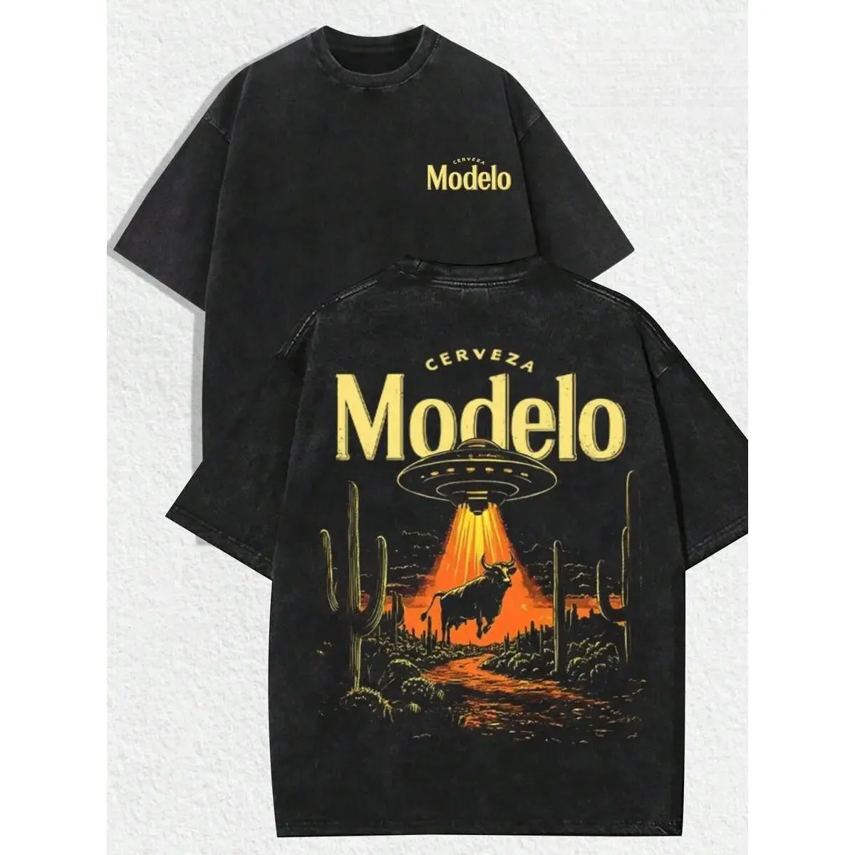 Modelo UFO Bull Vintage Washed Tee – Retro Beer Desert Graphic Shirt