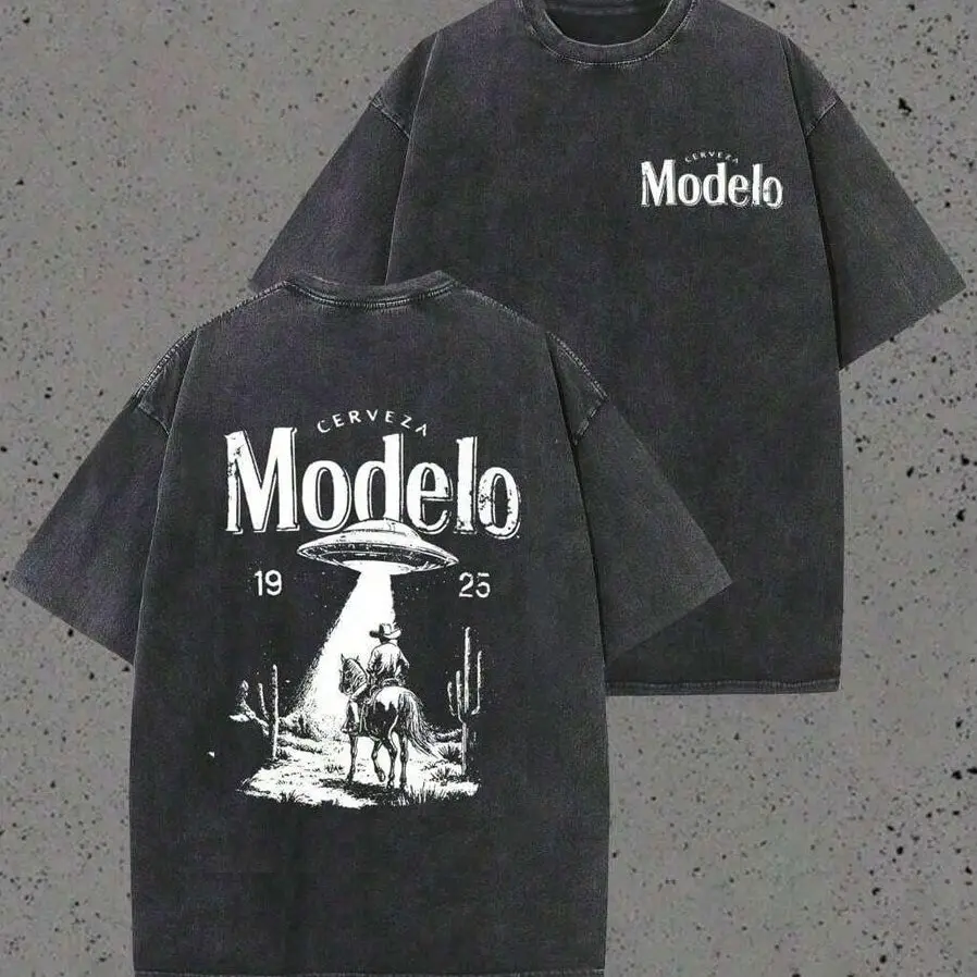 Modelo UFO Cowboy Vintage Washed Tee – Heavyweight Western Streetwear Shirt