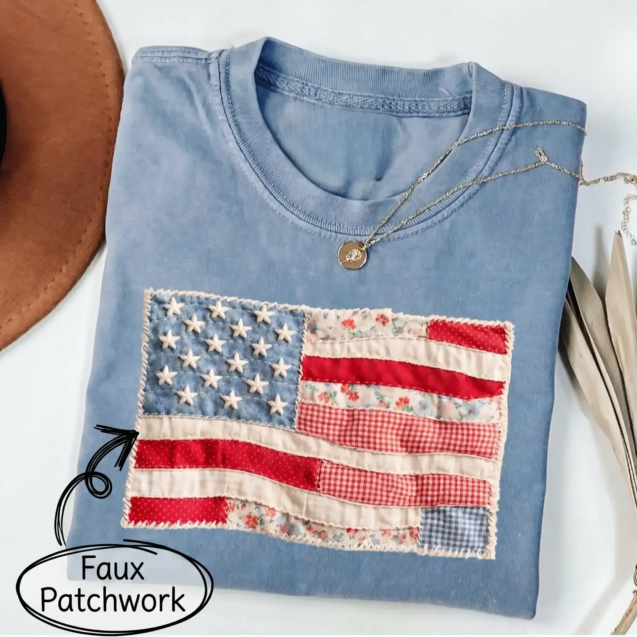Retro American Flag Shirt | Faux Patchwork Patriotic Graphic Tee | 4th of July Shirt