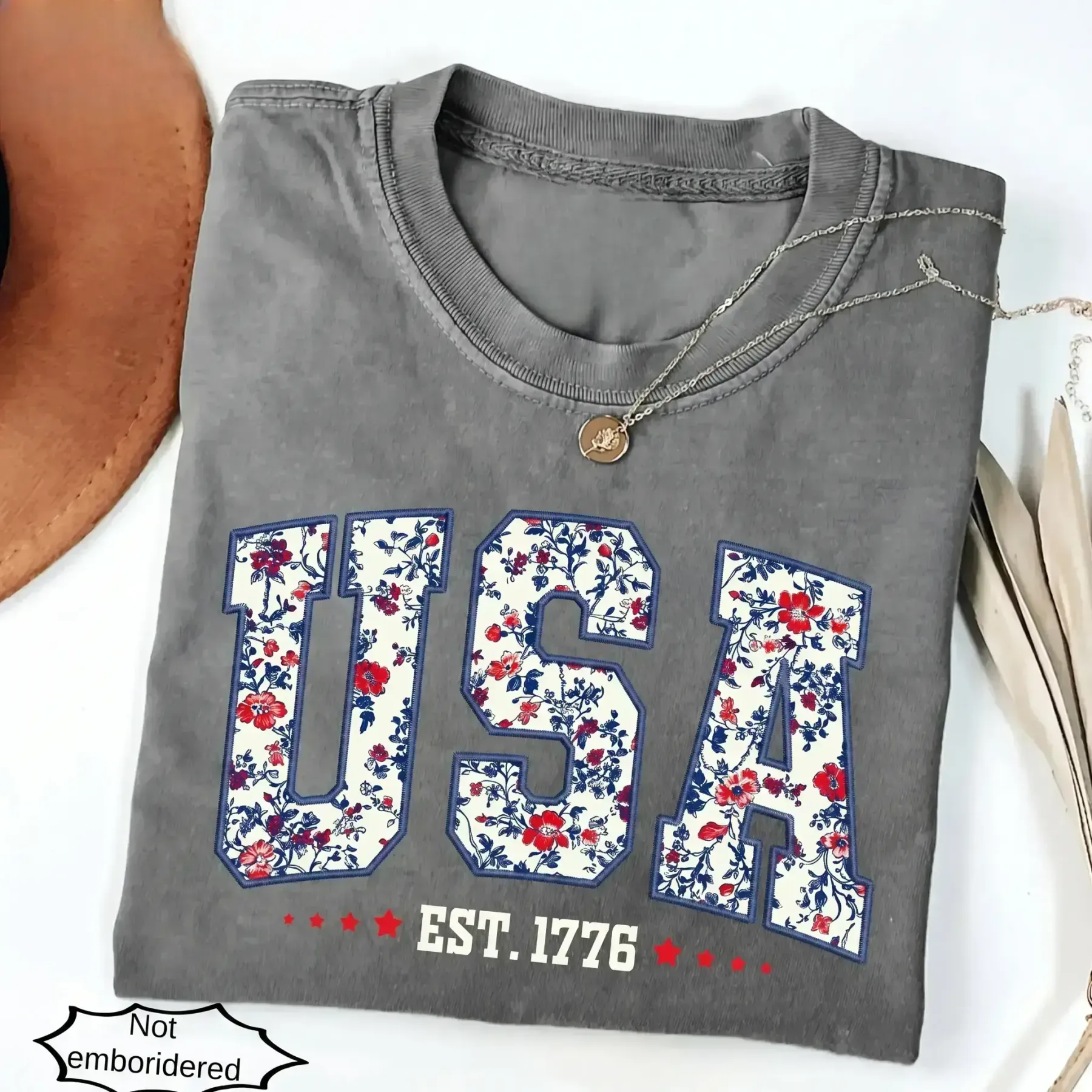 Floral USA Shirt | Faux Embroidered Print Patriotic Tee | Retro 4th of July America Shirt