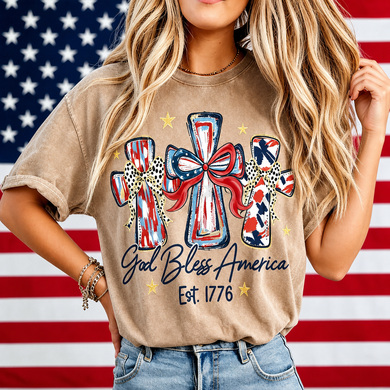 Women's God Bless America Vintage Washed Tee – Patriotic Cross
