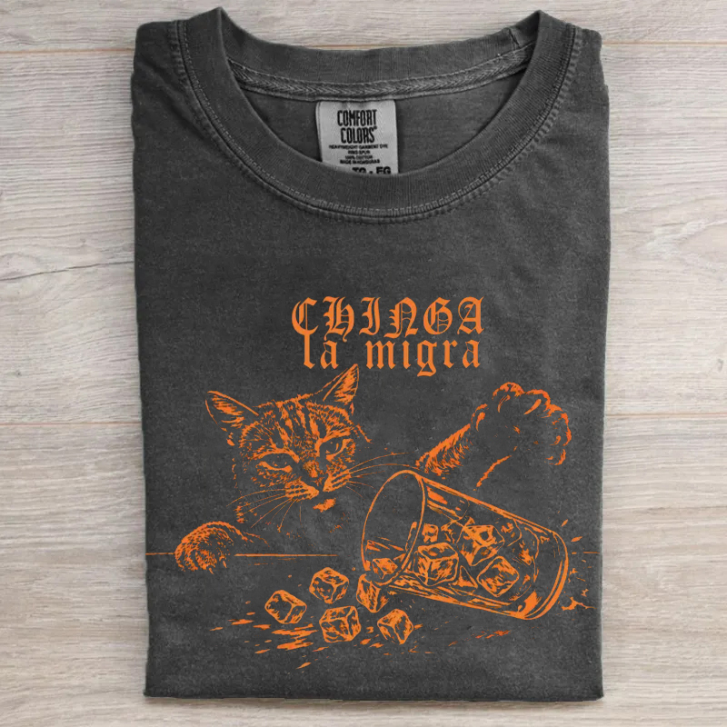 Chinga La Migra Cat Graphic T-Shirt – Vintage Washed Statement Streetwear Tee