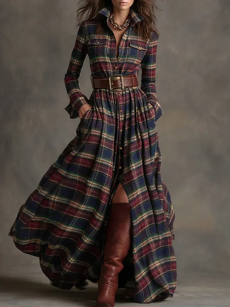 Vintage French Plaid Maxi Dress | Asymmetrical & Slimming (Free Belt Included)