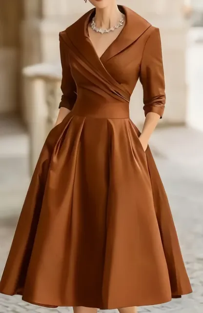 Elegant Satin Waist-Cinching Long-Sleeved Midi Dress
