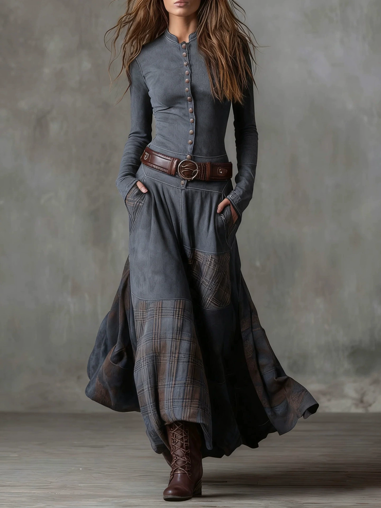 Navy Plaid Paneled Vintage Suede Maxi Dress with Belt