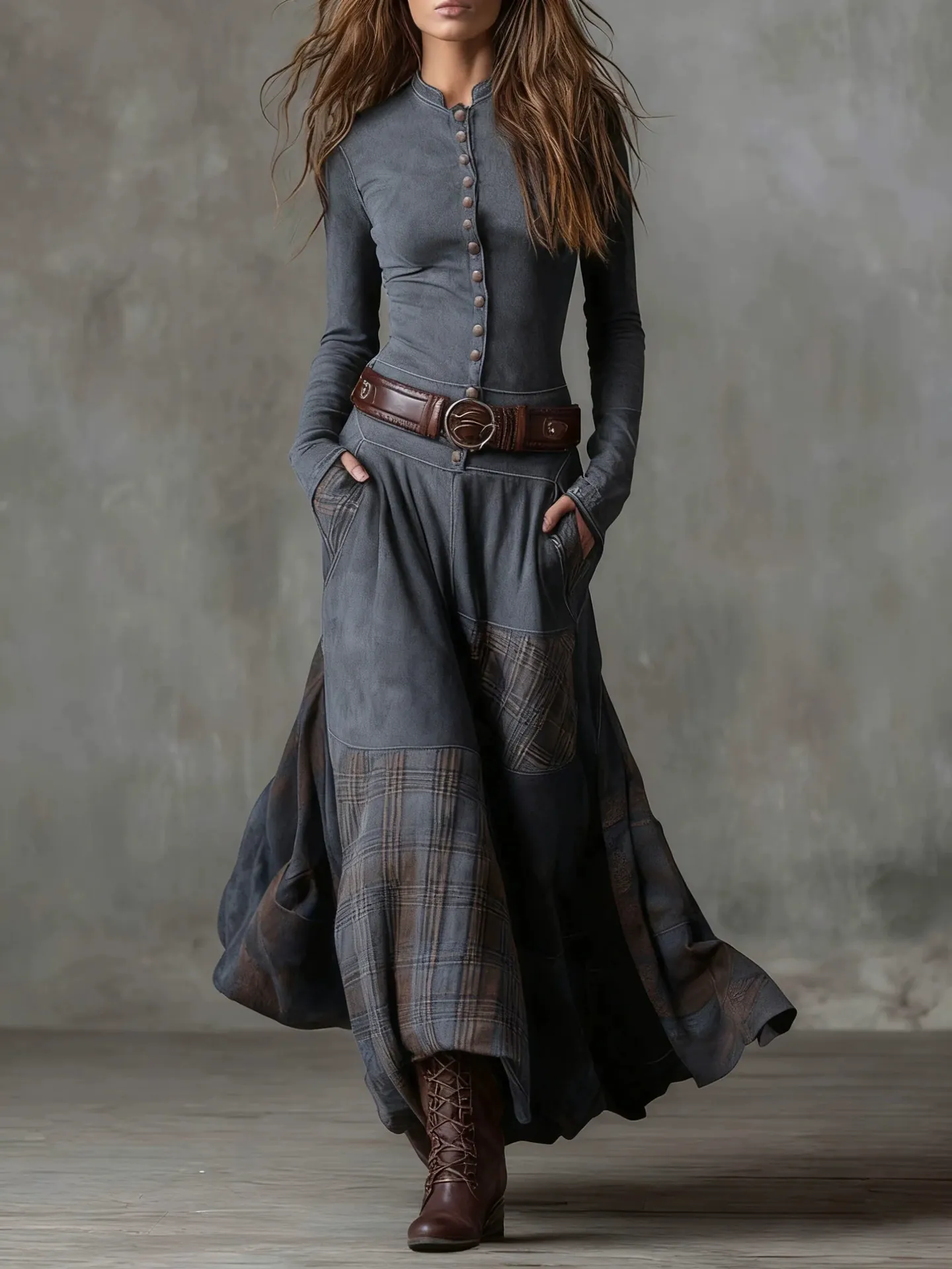 Navy Plaid Paneled Vintage Suede Maxi Dress with Belt