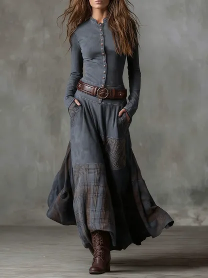Navy Plaid Paneled Vintage Suede Maxi Dress with Belt