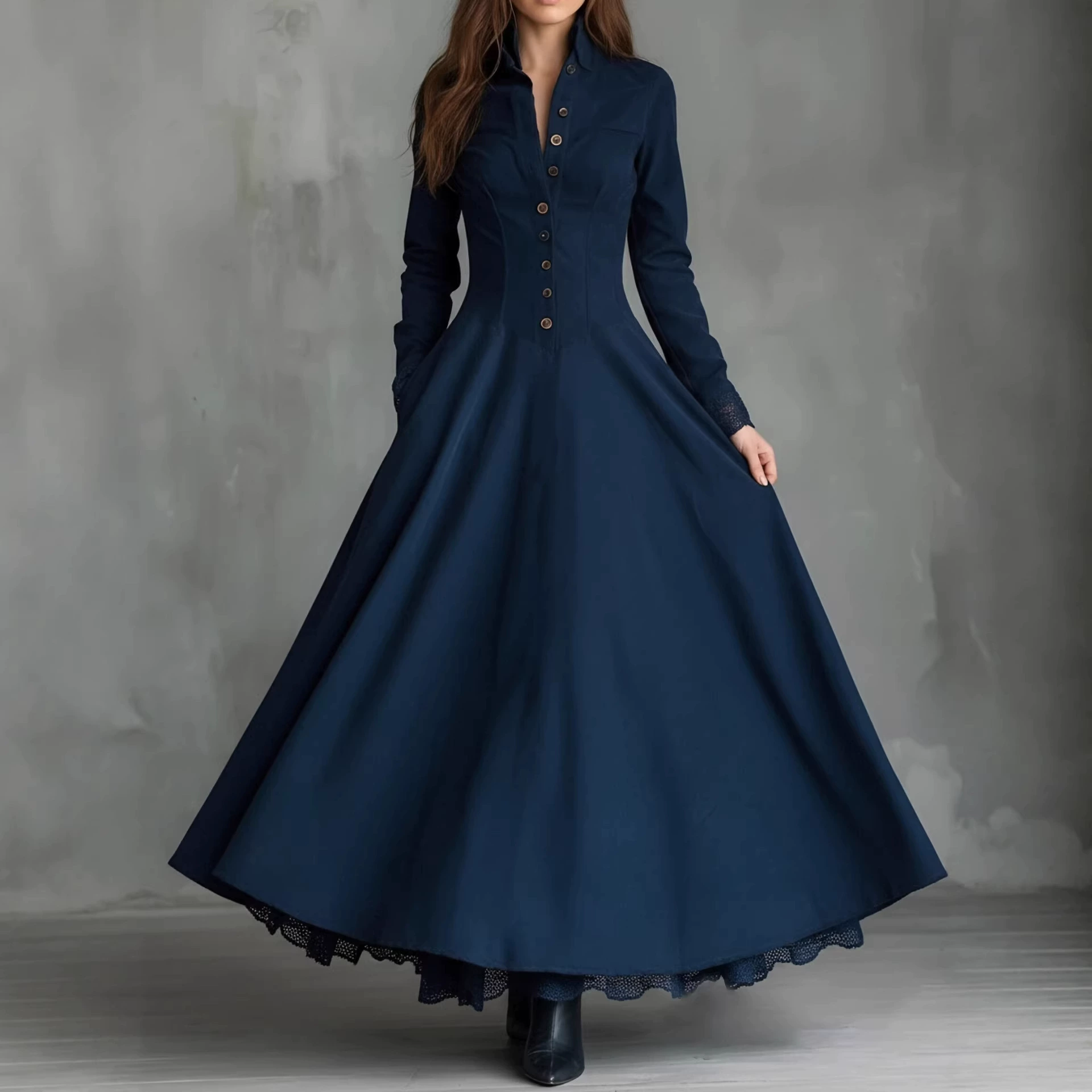 Gothic Dark Blue Faux Suede Lace-Trim Shirt Collar Maxi Dress