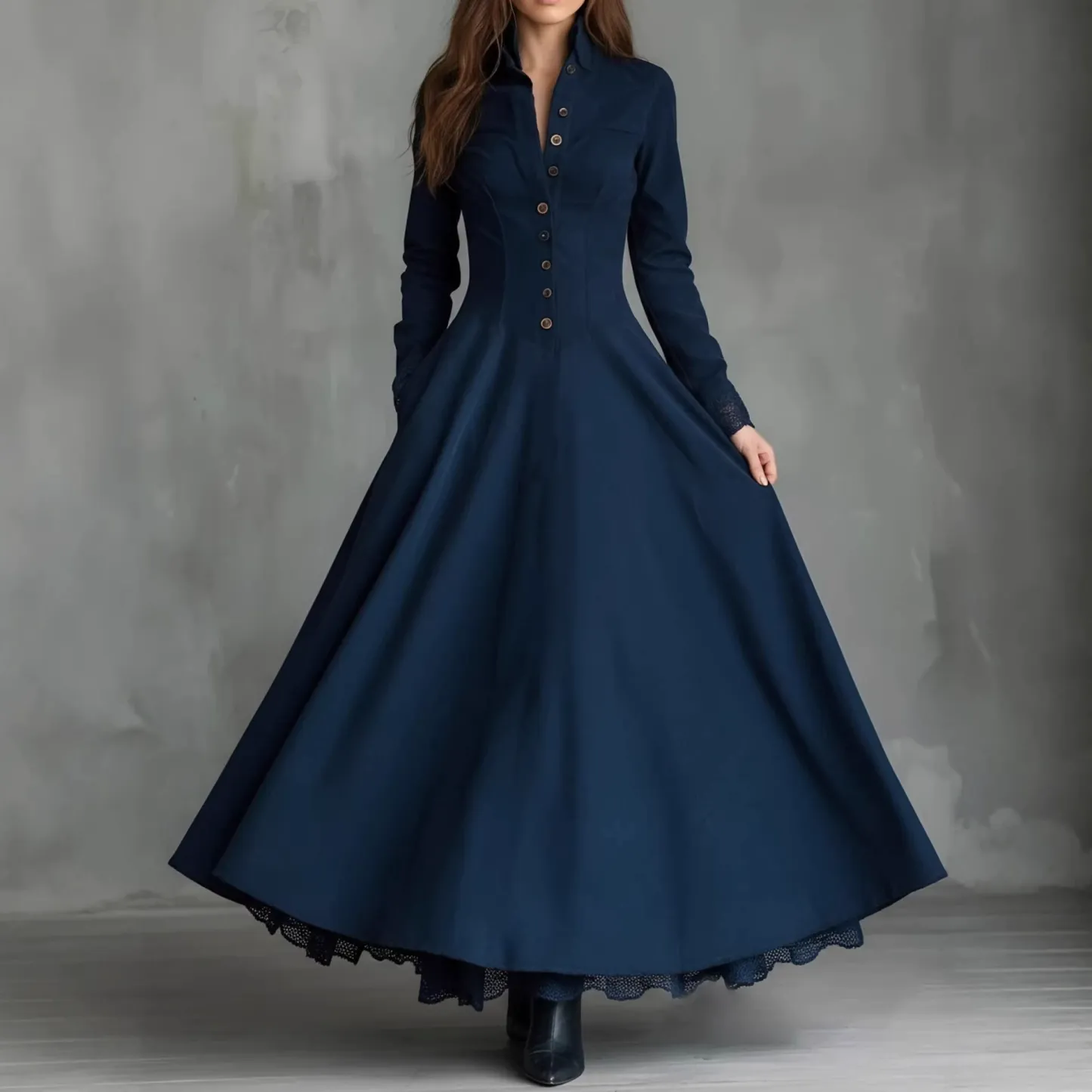Gothic Dark Blue Faux Suede Lace-Trim Shirt Collar Maxi Dress