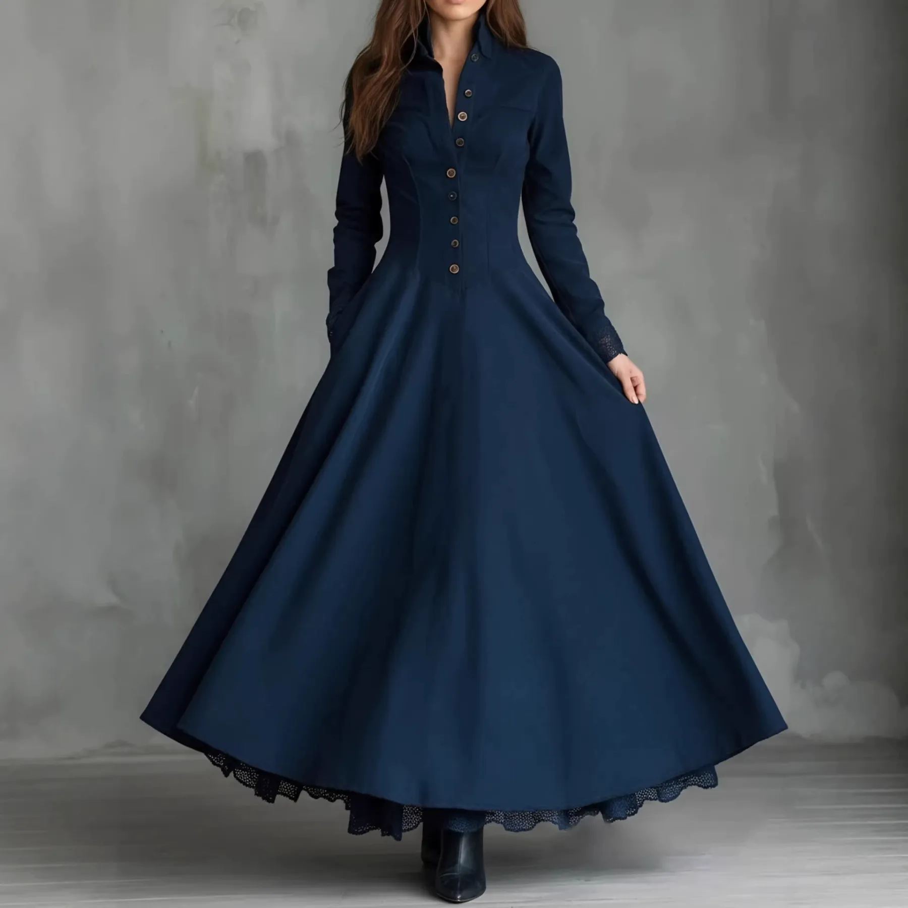 Gothic Dark Blue Faux Suede Lace-Trim Shirt Collar Maxi Dress
