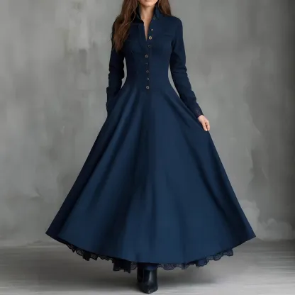 Gothic Dark Blue Faux Suede Lace-Trim Shirt Collar Maxi Dress
