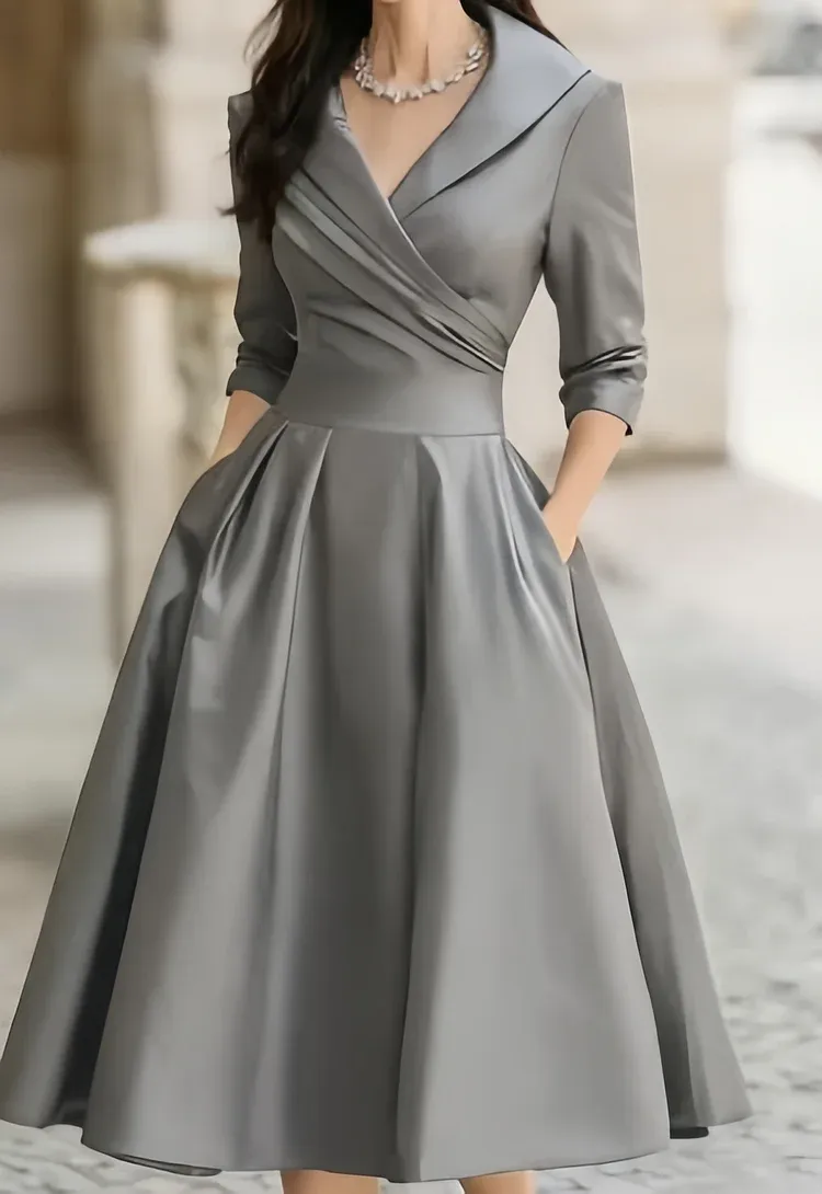 Elegant Satin Waist-Cinching Long-Sleeved Midi Dress
