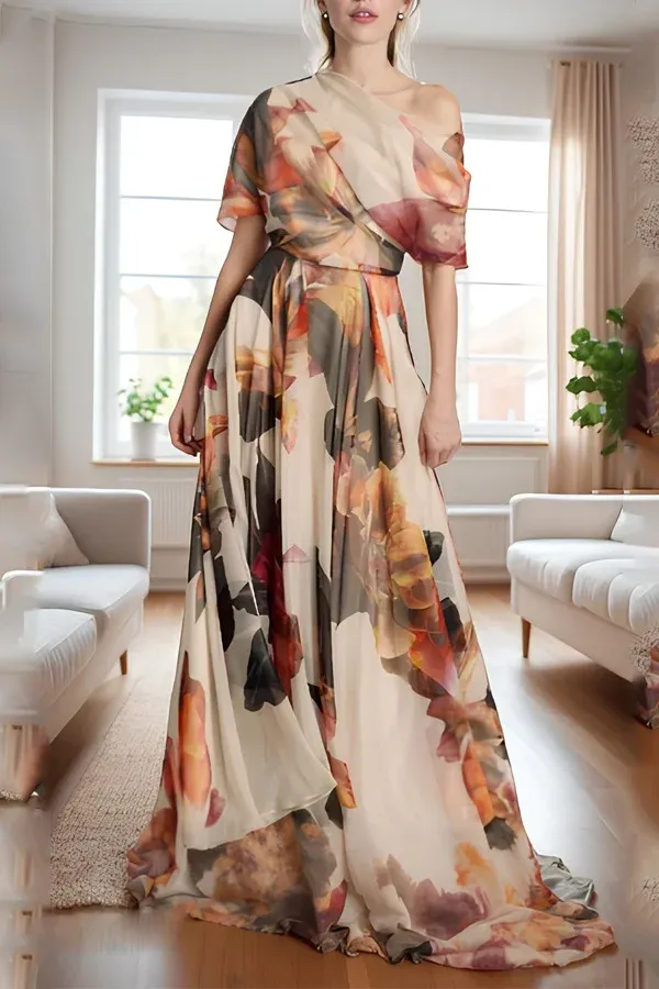 French Sky Blue Asymmetrical Print Chiffon Maxi Dress – Elegant Off-Shoulder Summer Dress