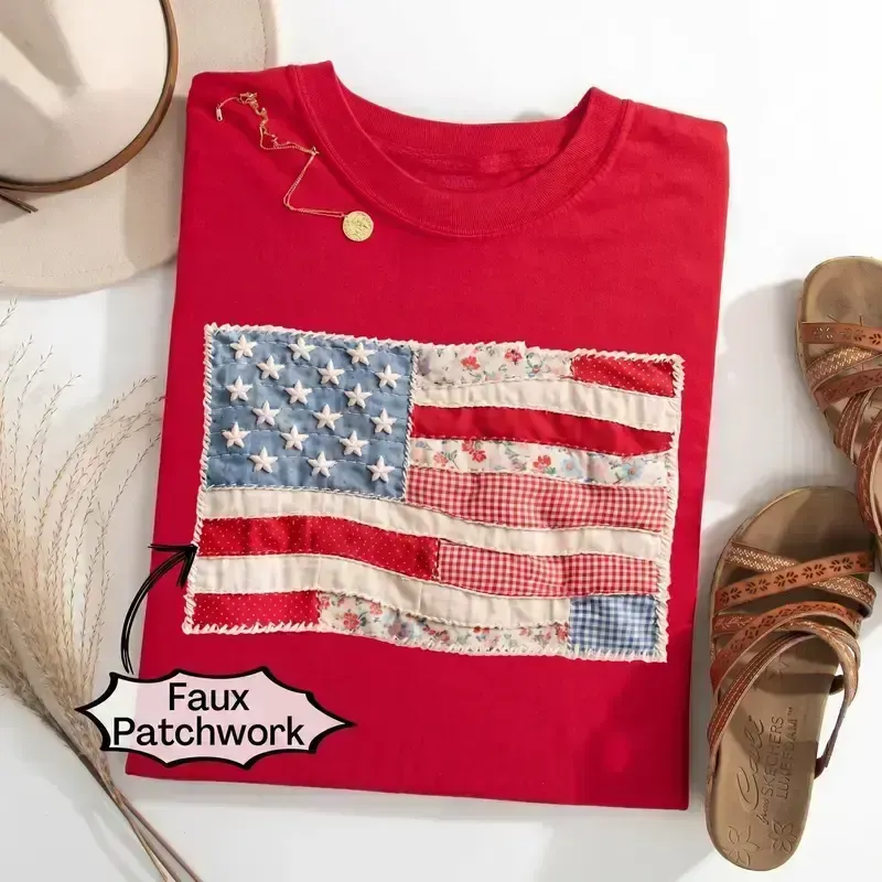 Retro American Flag Shirt | Faux Patchwork Patriotic Graphic Tee | 4th of July Shirt
