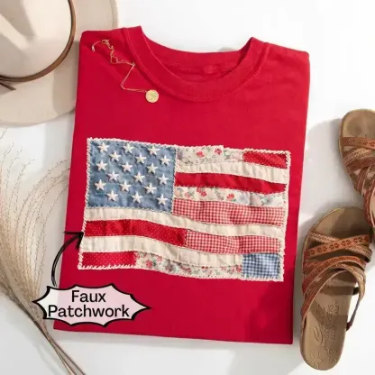 Retro American Flag Shirt | Faux Patchwork Patriotic Graphic Tee | 4th of July Shirt