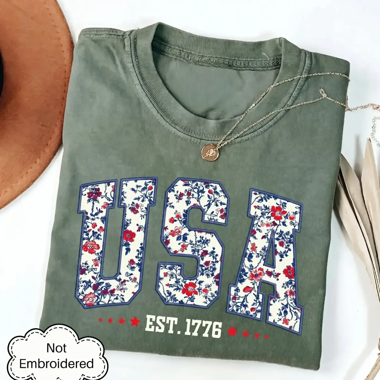 Floral USA Shirt | Faux Embroidered Print Patriotic Tee | Retro 4th of July America Shirt
