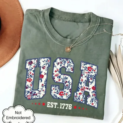 Floral USA Shirt | Faux Embroidered Print Patriotic Tee | Retro 4th of July America Shirt