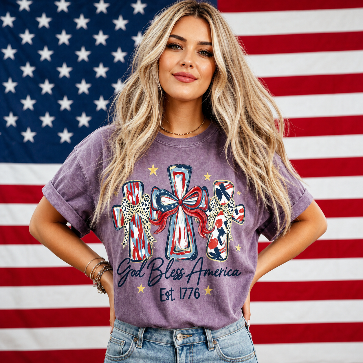 Women's God Bless America Vintage Washed Tee – Patriotic Cross