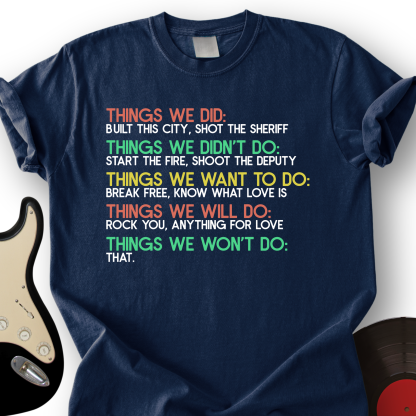 "Things We Did" Classic Rock Lyrics Checklist Tee - Vintage Music Lover Gift