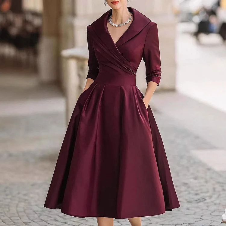 Elegant Satin Waist-Cinching Long-Sleeved Midi Dress