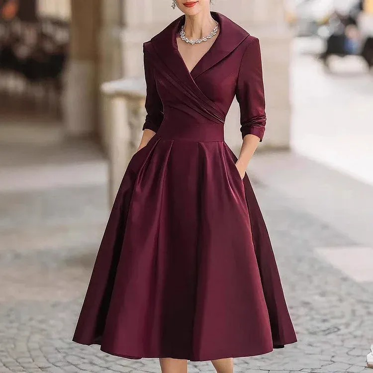 Elegant Satin Waist-Cinching Long-Sleeved Midi Dress