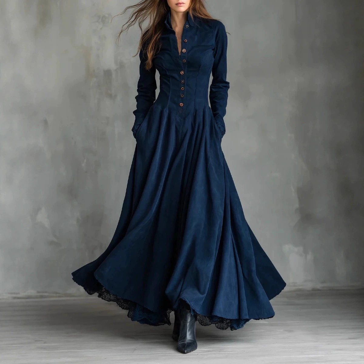 Gothic Dark Blue Faux Suede Lace-Trim Shirt Collar Maxi Dress
