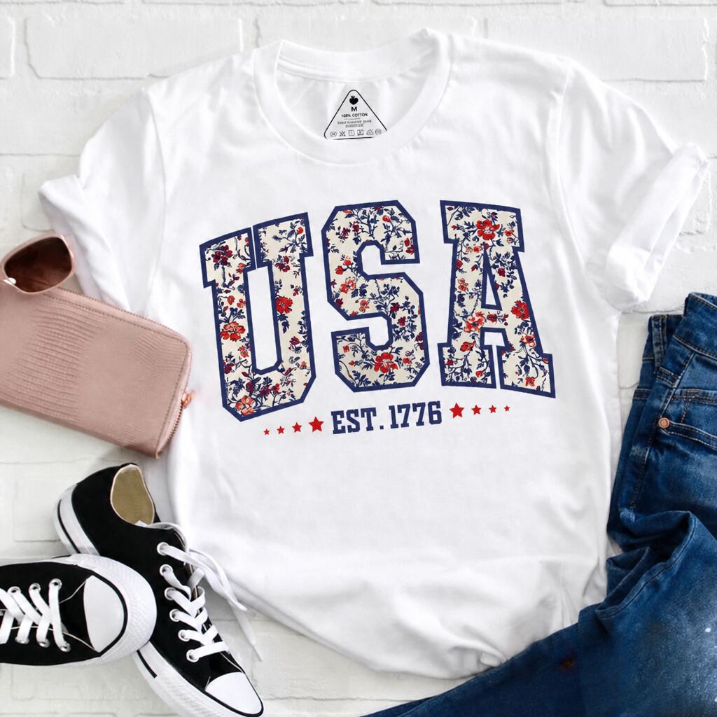 Retro Floral USA EST. 1776 Teacher T-Shirt - Patriotic Varsity Aesthetic Graphic Tee