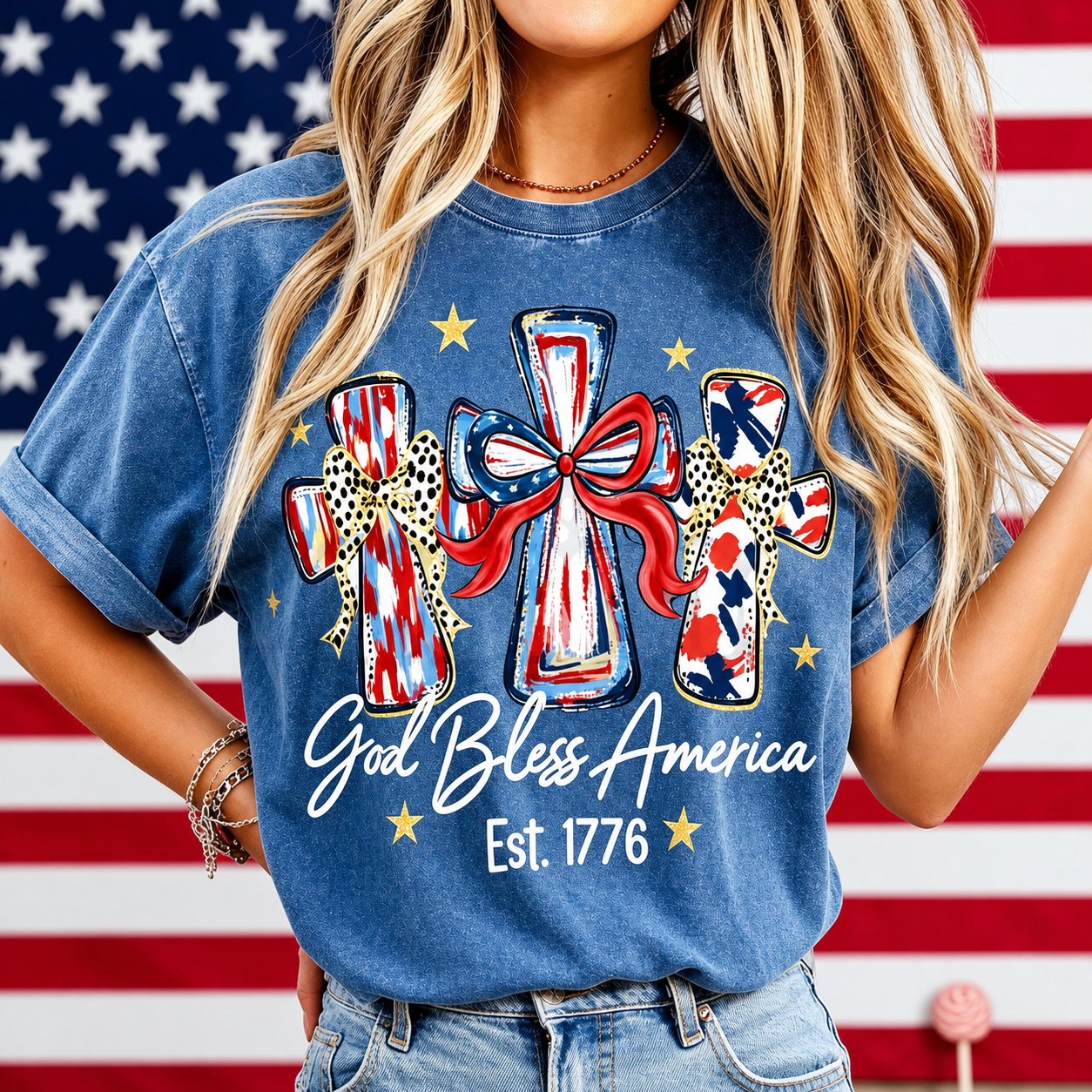 Women's God Bless America Vintage Washed Tee – Patriotic Cross