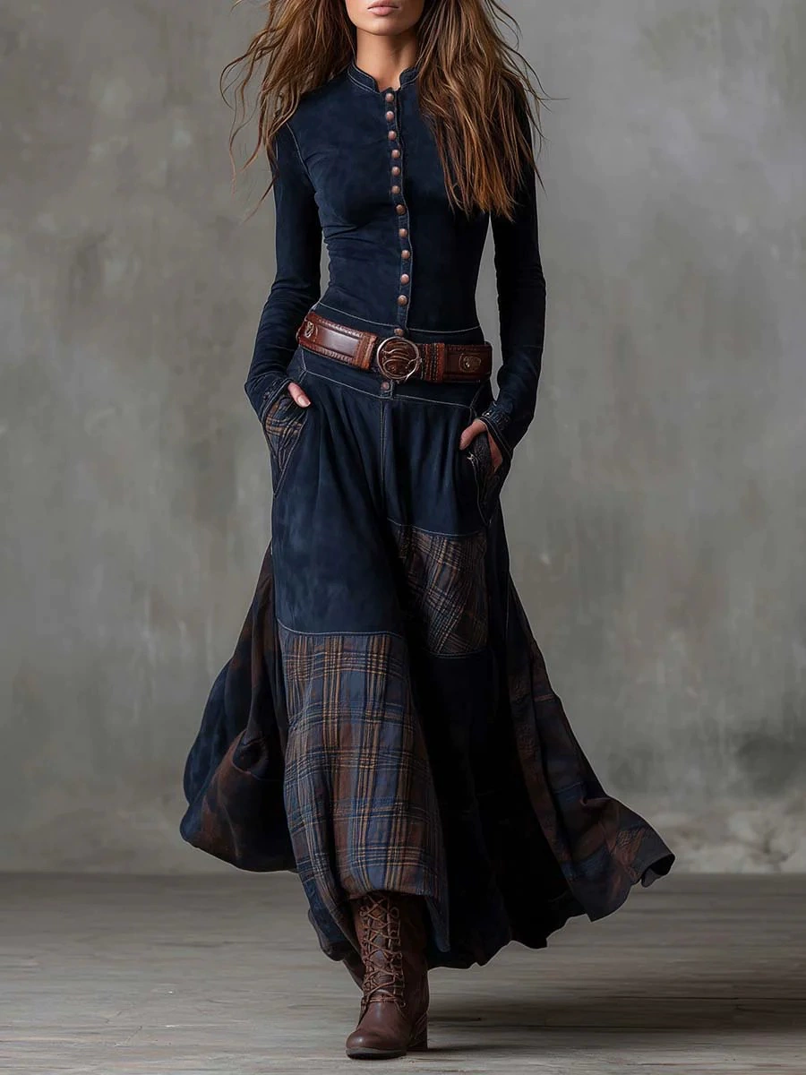 Navy Plaid Paneled Vintage Suede Maxi Dress with Belt