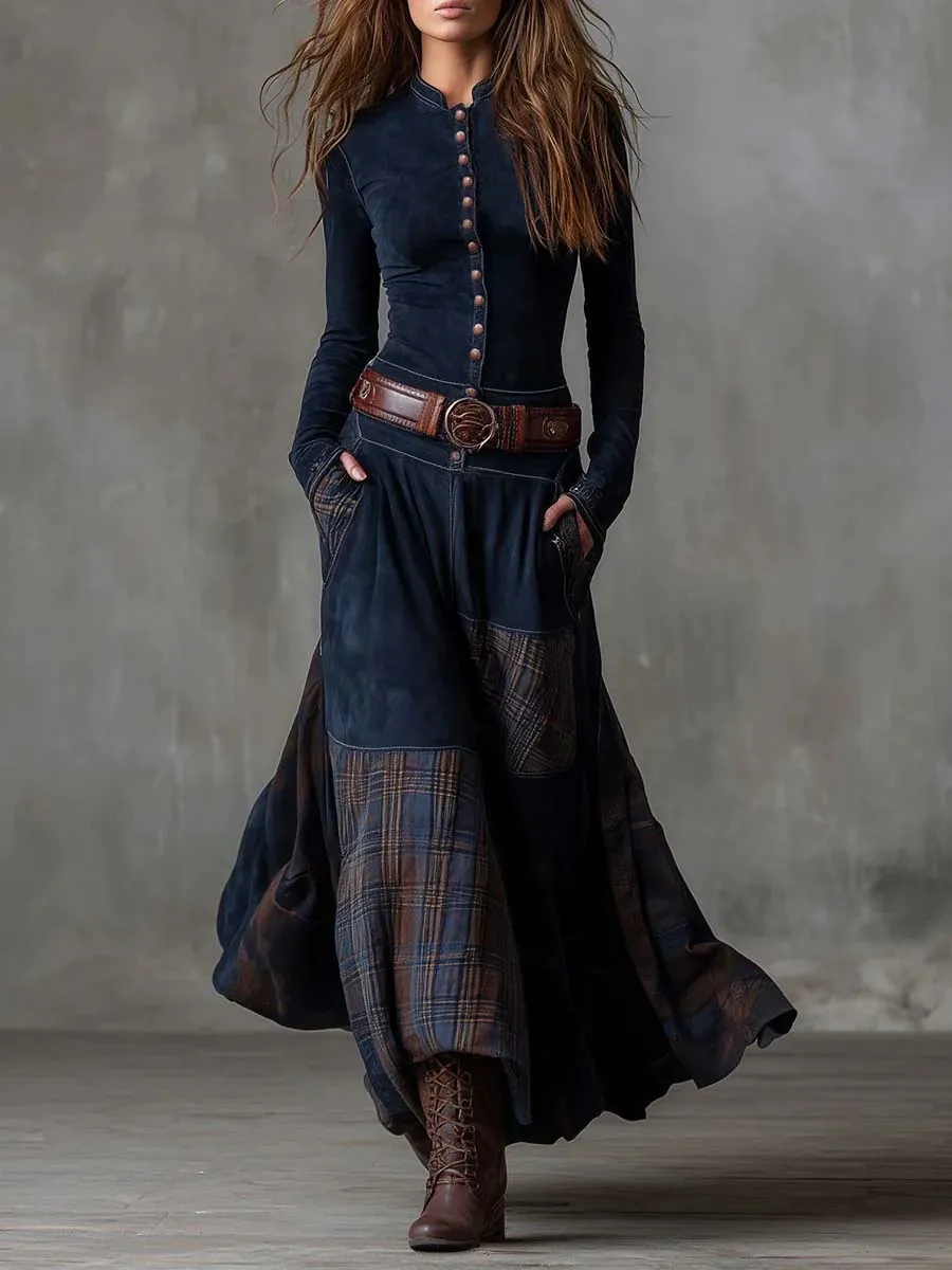 Navy Plaid Paneled Vintage Suede Maxi Dress with Belt