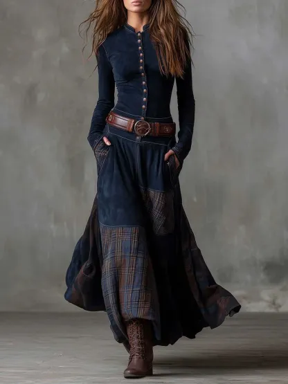Navy Plaid Paneled Vintage Suede Maxi Dress with Belt