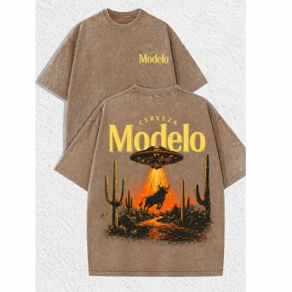 Modelo UFO Bull Vintage Washed Tee – Retro Beer Desert Graphic Shirt