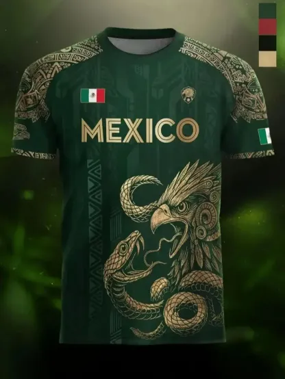 Mexico Aztec Eagle Heritage Soccer Jersey | All-over Print Tribal Design | Fitted Casual Style | All Seasons