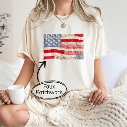 Retro American Flag Shirt | Faux Patchwork Patriotic Graphic Tee | 4th of July Shirt