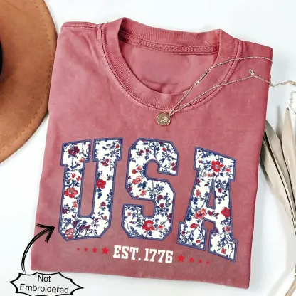 Floral USA Shirt | Faux Embroidered Print Patriotic Tee | Retro 4th of July America Shirt