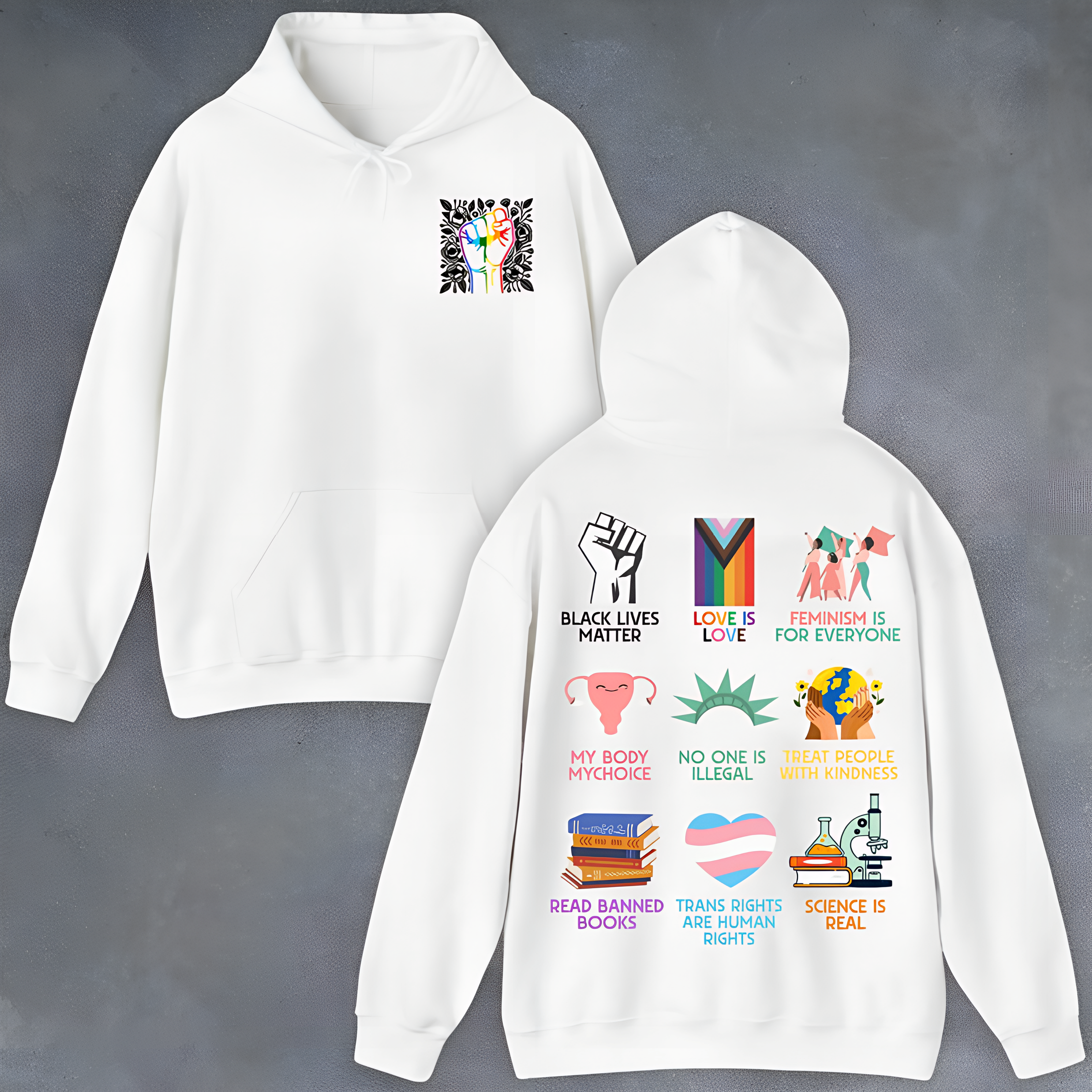 Human Rights Icons Graphic Hoodie - Premium Fleece Pullover (Back Print)