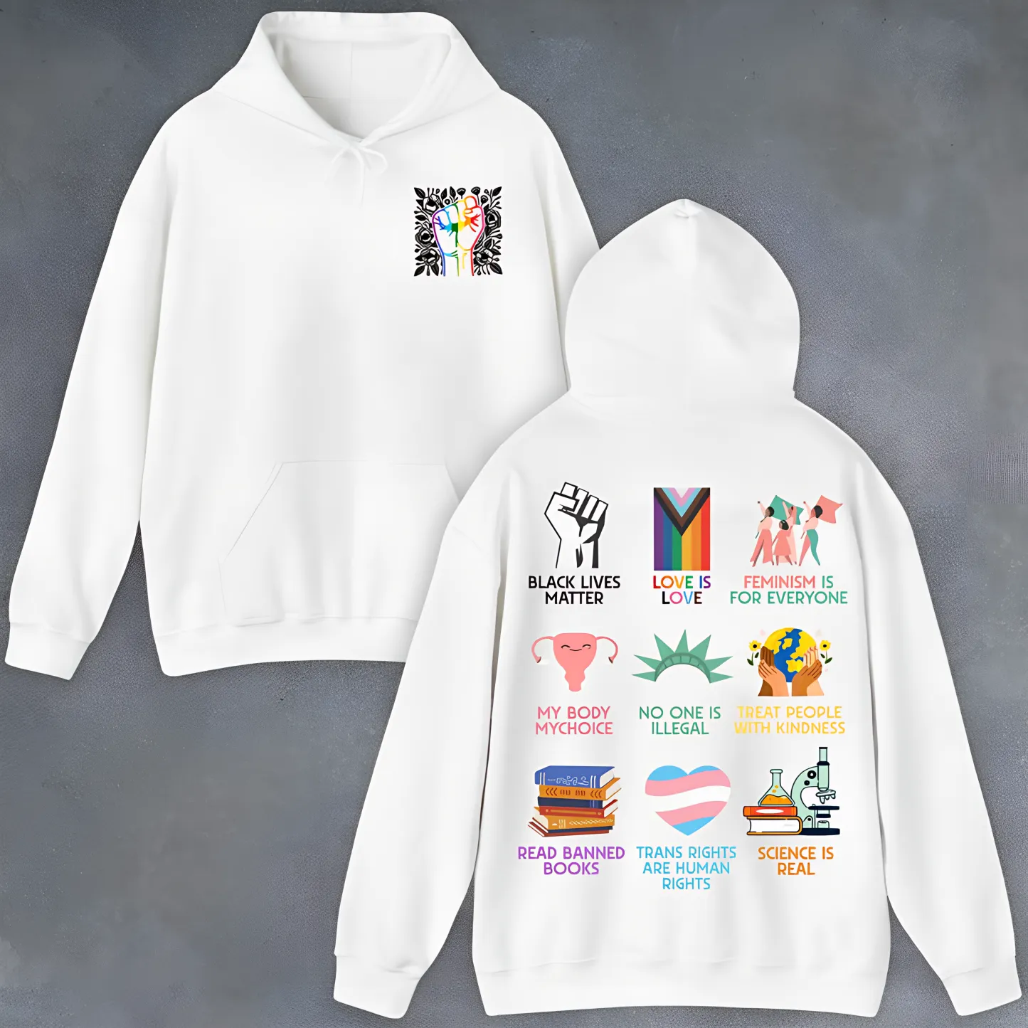 Human Rights Icons Graphic Hoodie - Premium Fleece Pullover (Back Print)