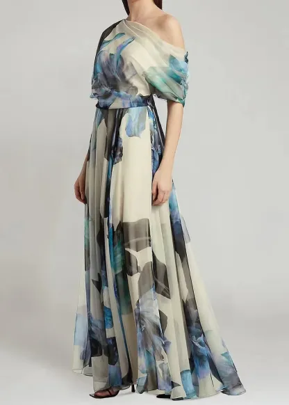 French Sky Blue Asymmetrical Print Chiffon Maxi Dress – Elegant Off-Shoulder Summer Dress