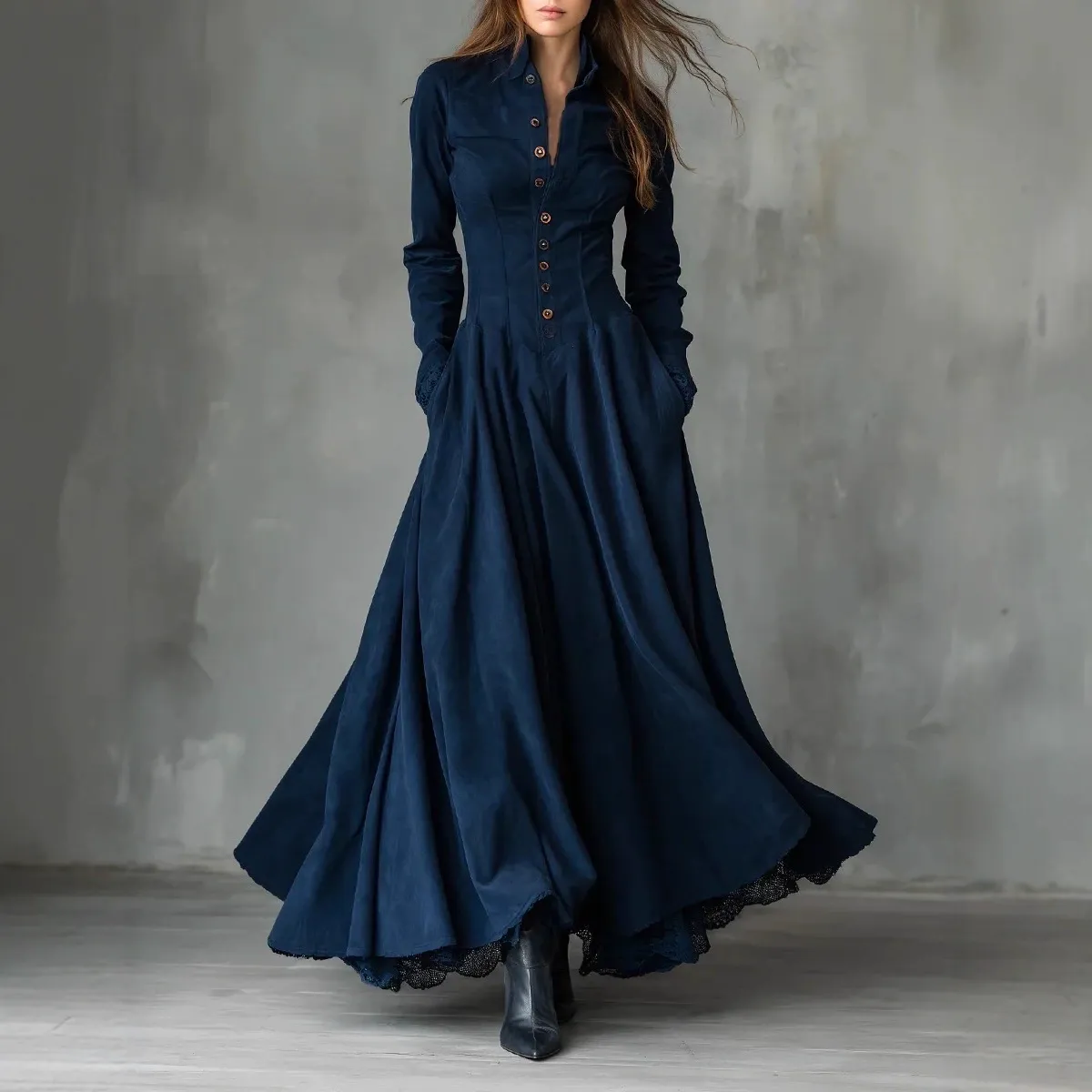 Gothic Dark Blue Faux Suede Lace-Trim Shirt Collar Maxi Dress