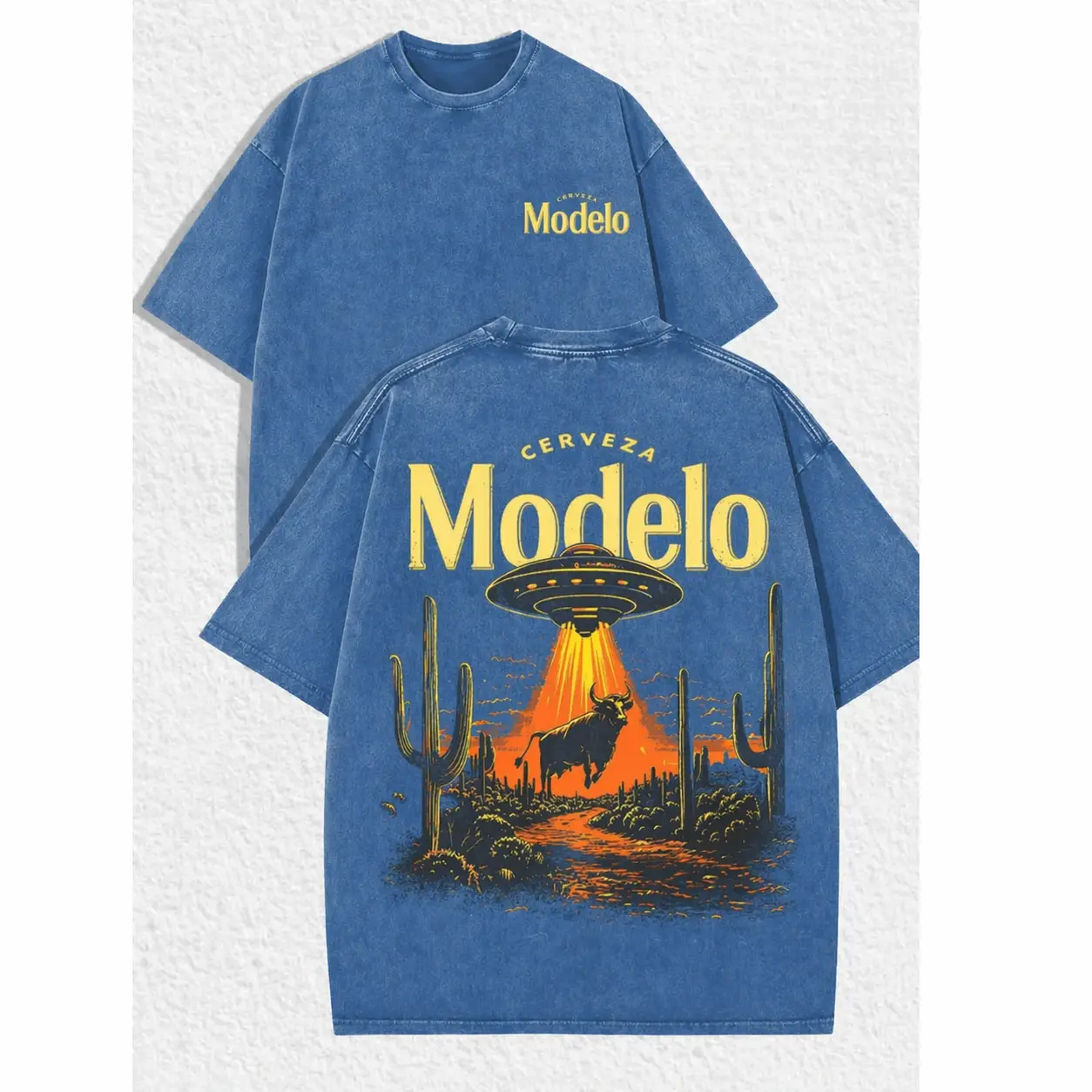 Modelo UFO Bull Vintage Washed Tee – Retro Beer Desert Graphic Shirt