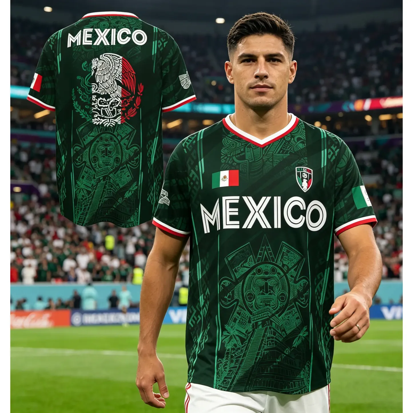2026 Mexican Soccer Jersey | Mexico Aztec Calendar Style V-Neck Football Jersey for Players & Fans