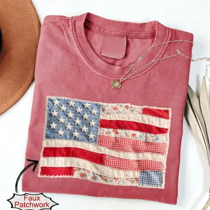 Retro American Flag Shirt | Faux Patchwork Patriotic Graphic Tee | 4th of July Shirt