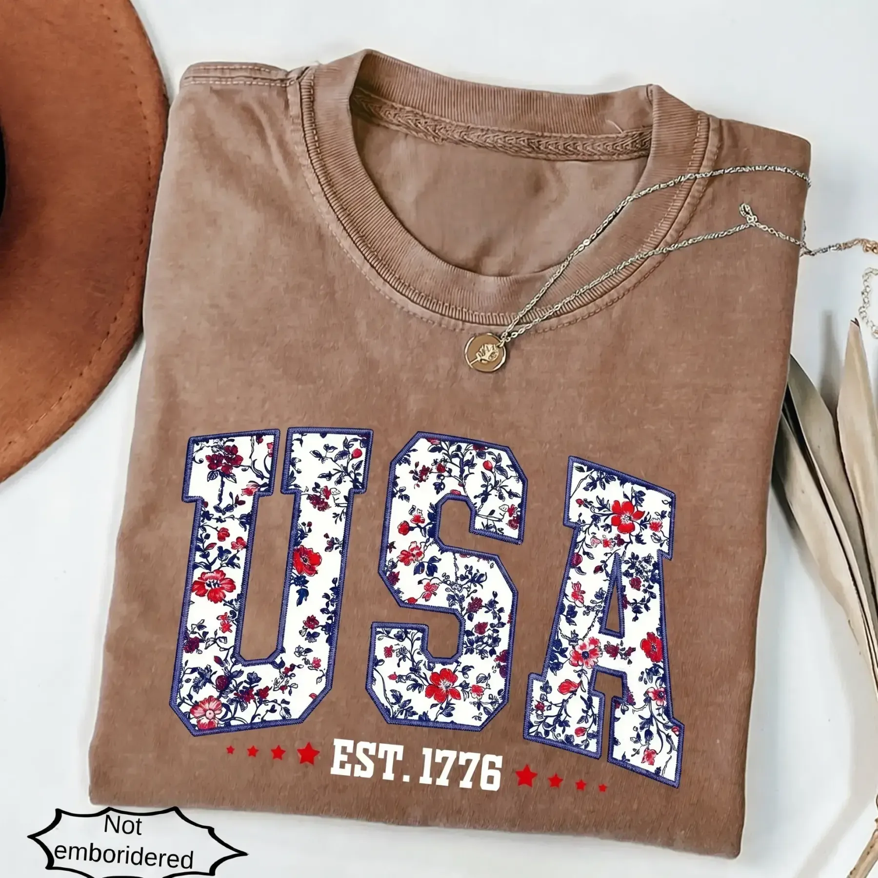 Floral USA Shirt | Faux Embroidered Print Patriotic Tee | Retro 4th of July America Shirt