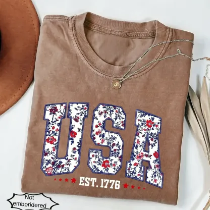 Floral USA Shirt | Faux Embroidered Print Patriotic Tee | Retro 4th of July America Shirt