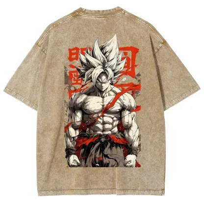 Anime Warrior Washed Graphic T-Shirt – 2-Sided Vintage Streetwear Tee