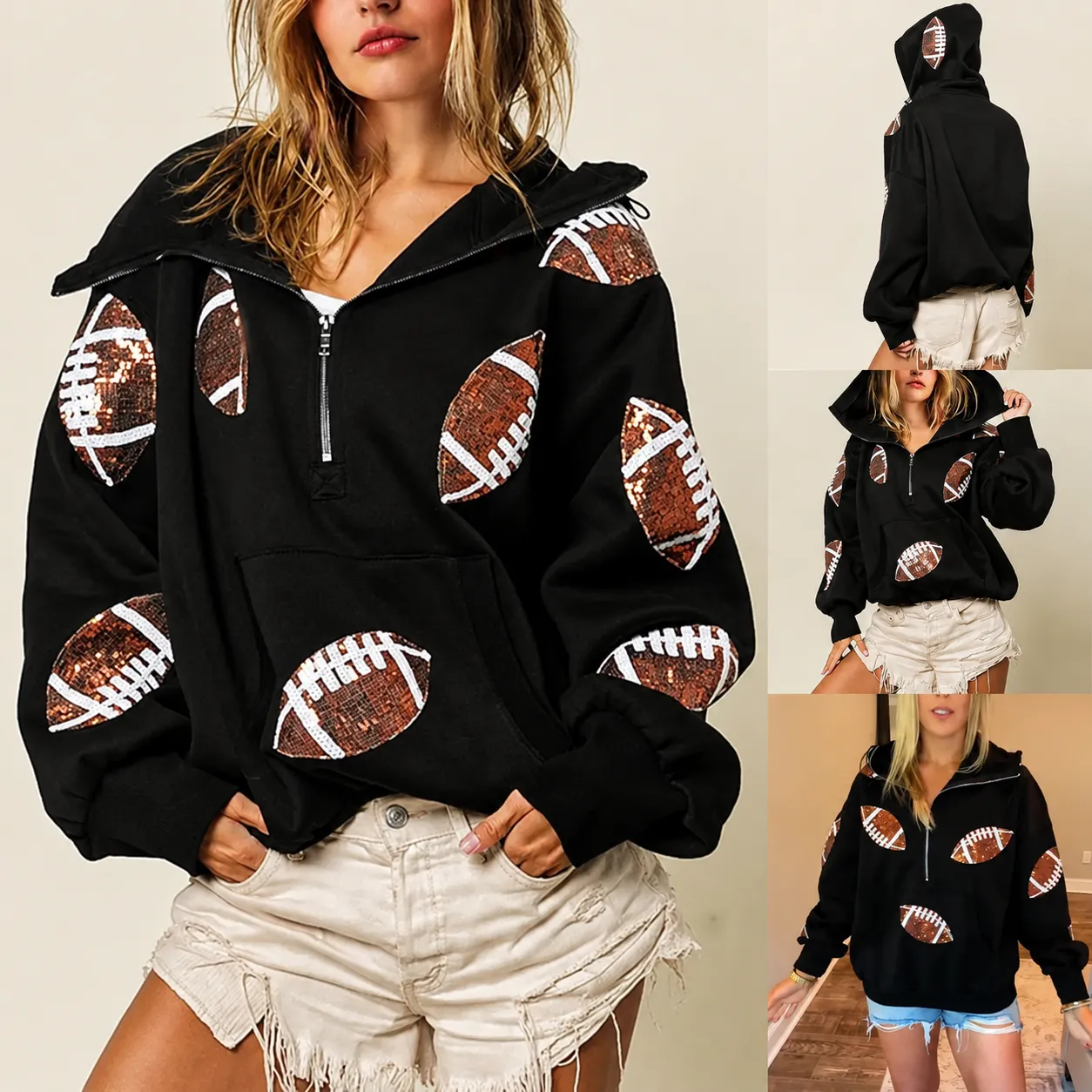 Vintage Zip-Up Football Hoodie Varsity Sportswear Sweatshirt